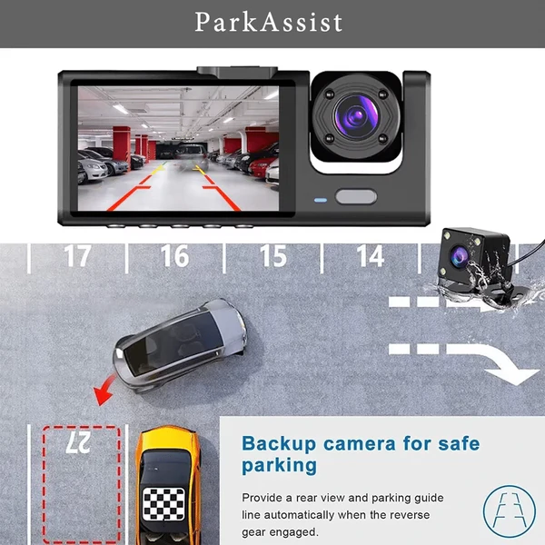 Three-Way DVR Dash Camera – Front, Rear & Interior Car Recorder - Image 2